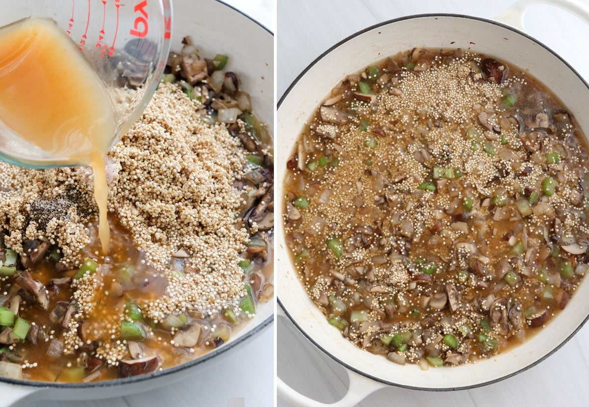 broth and quinoa added to skillet