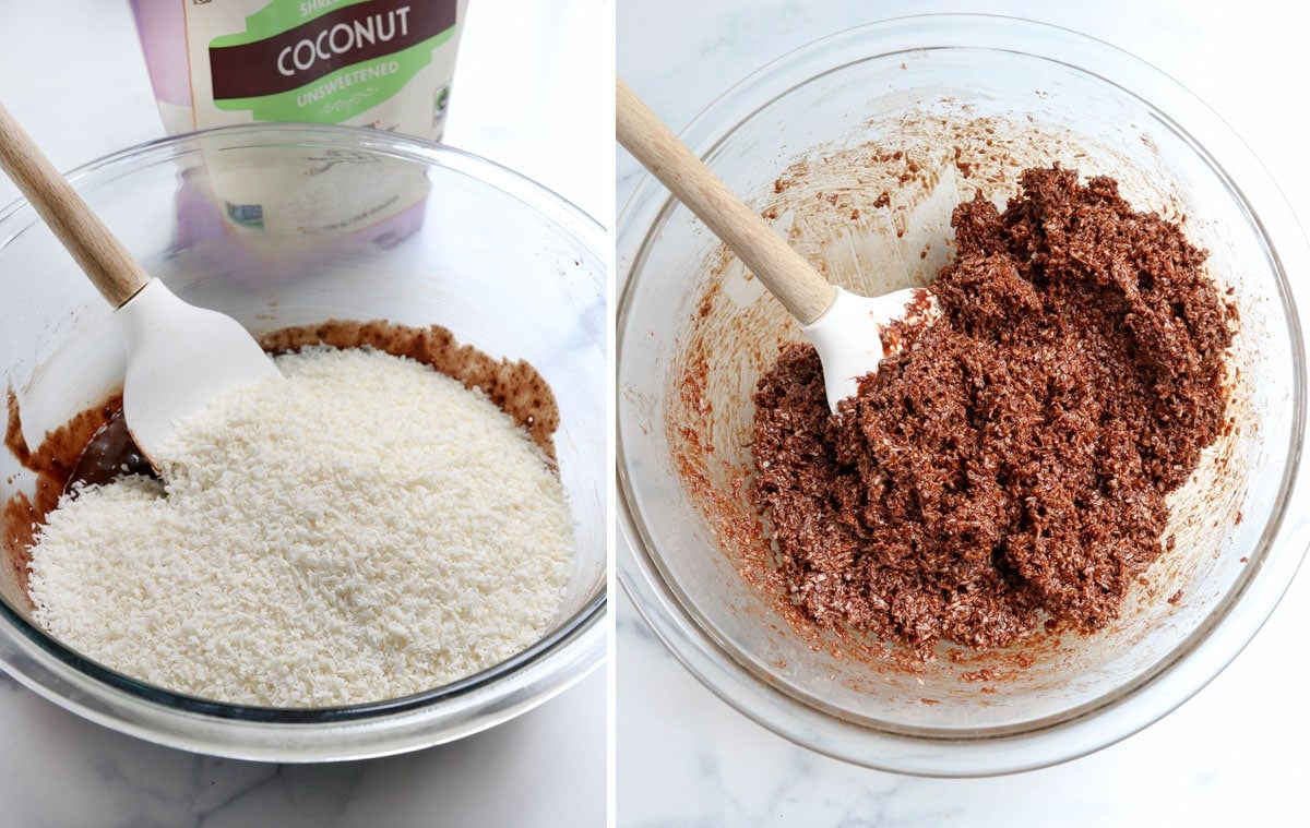 shredded coconut added to chocolate in bowl