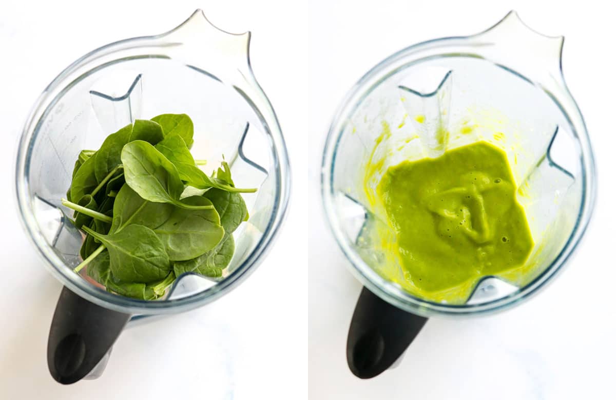 spinach in blender and after blending to show texture