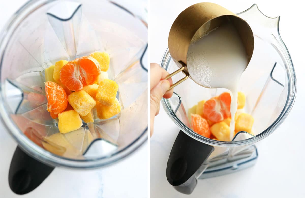 frozen mango and orange in blender with almond milk added in
