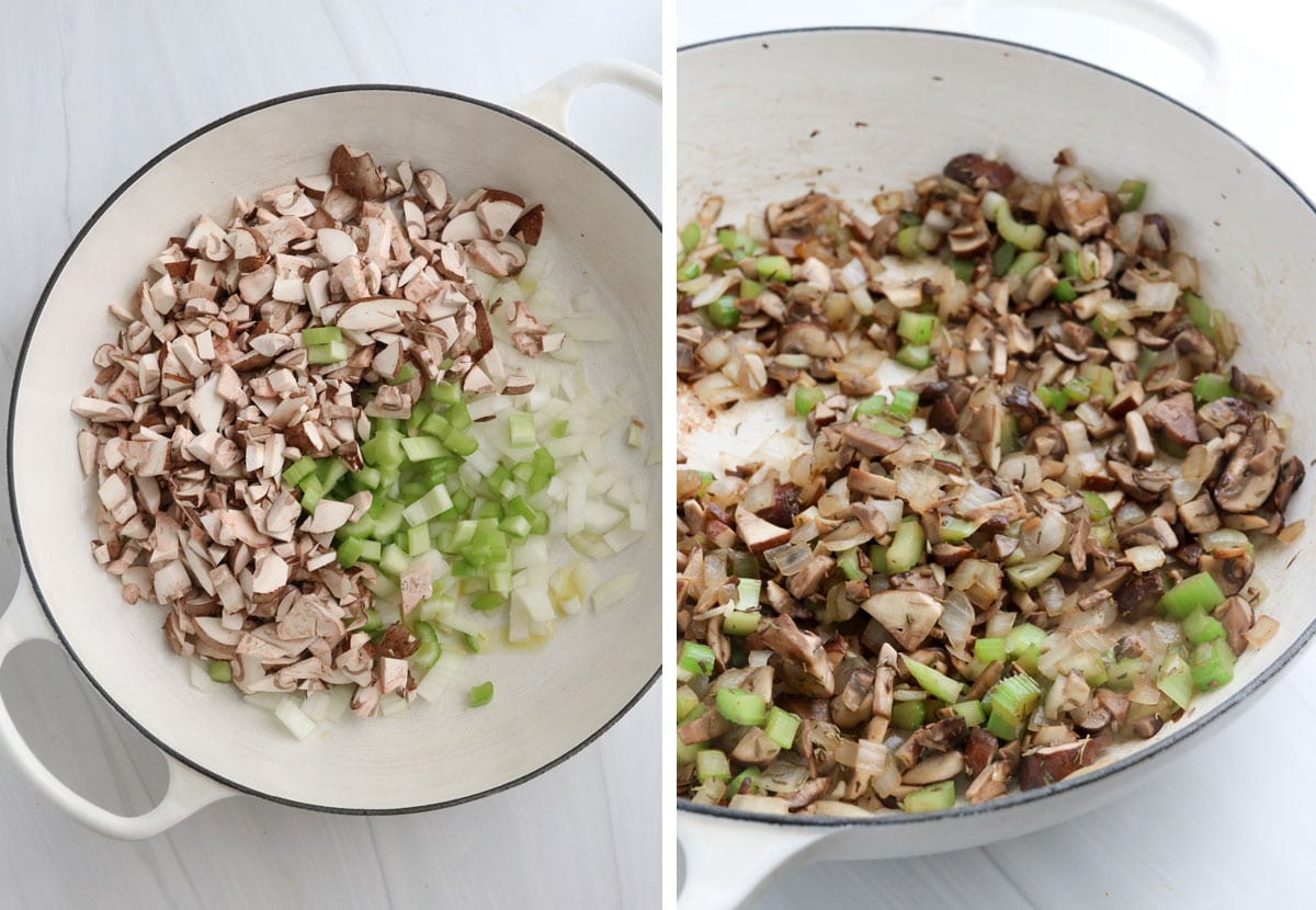 onions mushrooms and celery cooked in white skillet