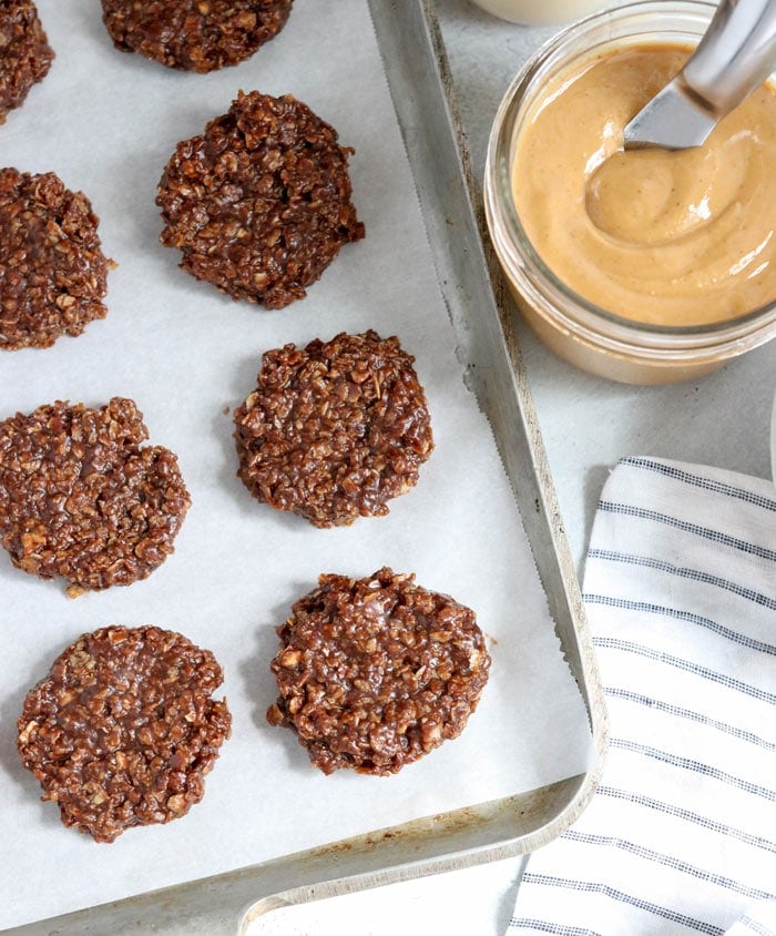 vegan no bake cookies overhead on pan