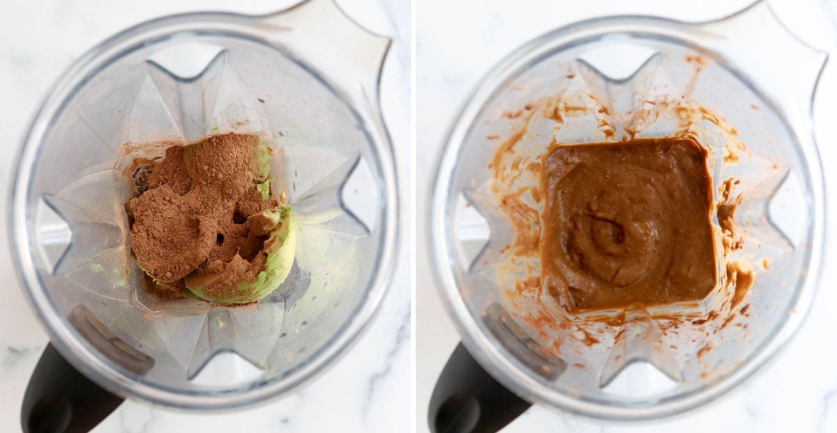 avocado and cacao powder blended together in blender