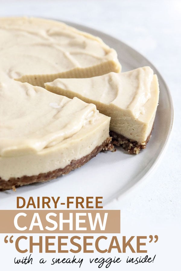 This dairy-free cheesecake is surprisingly creamy, thanks to a blended cashew filling that's packed with a sneaky serving of vegetables. When served straight from the freezer, it has a texture remarkably similar to the real thing! #nobake #cashewcheese #cheesecake #dessert #healthy #recipe #zucchini