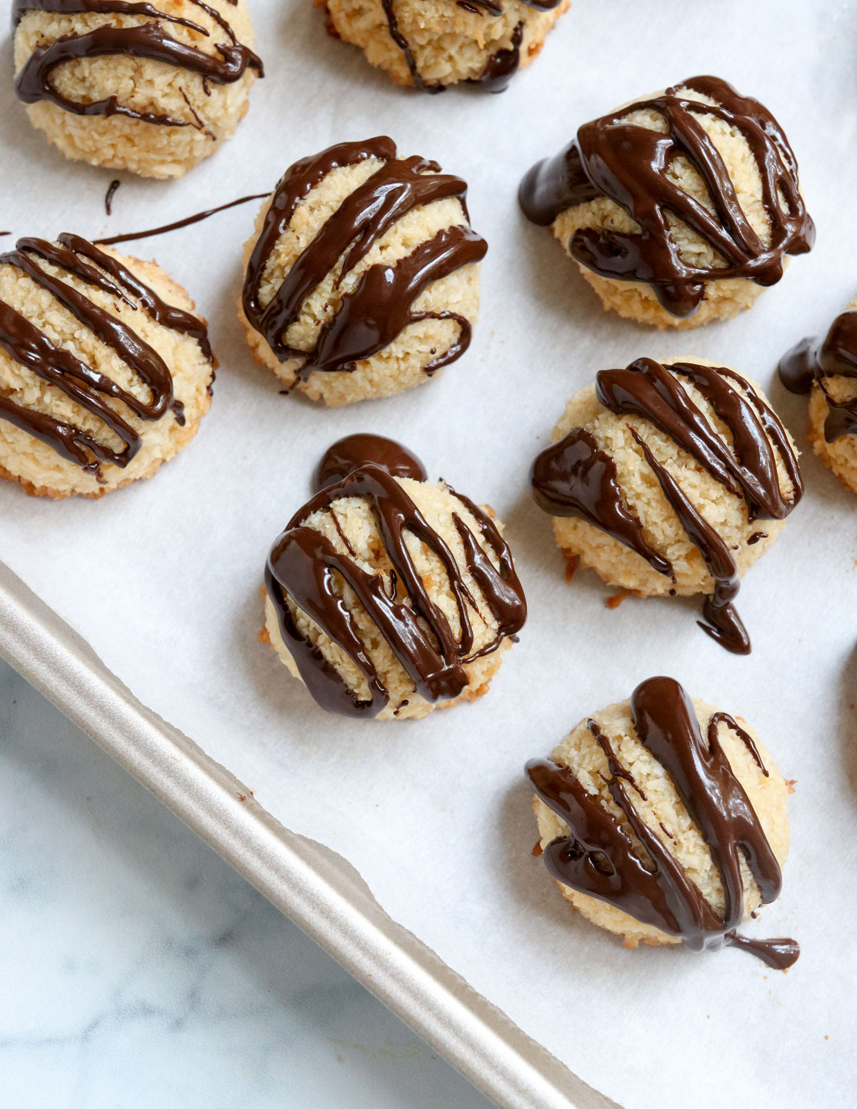 coconut macaroons overhead with chocolate on top