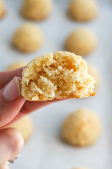 fingers holding a coconut macaroon