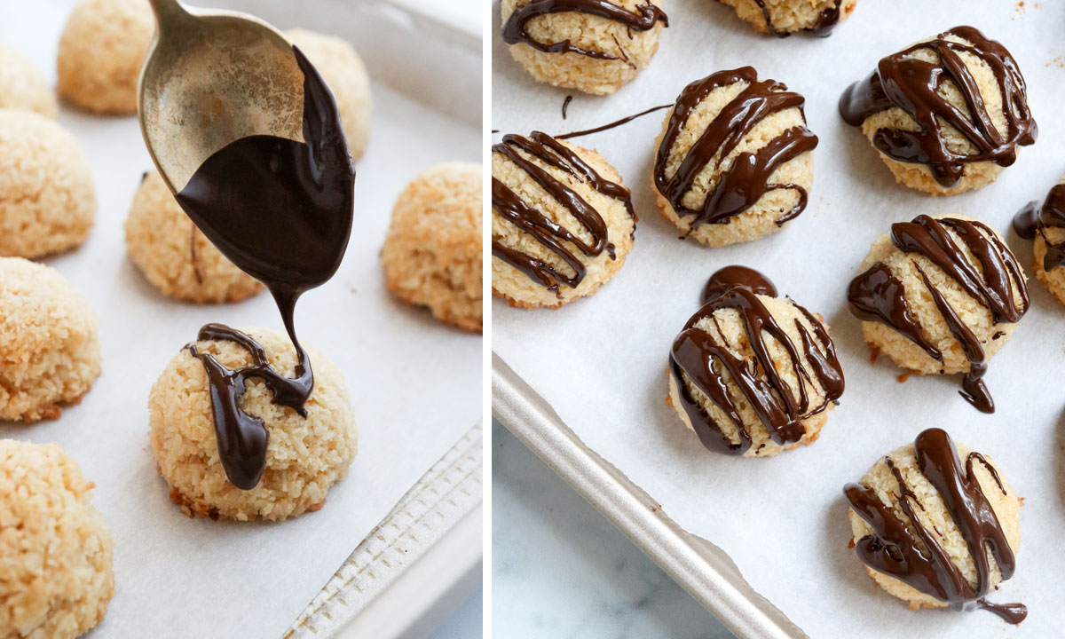 chocolate drizzled onto cooled macaroons