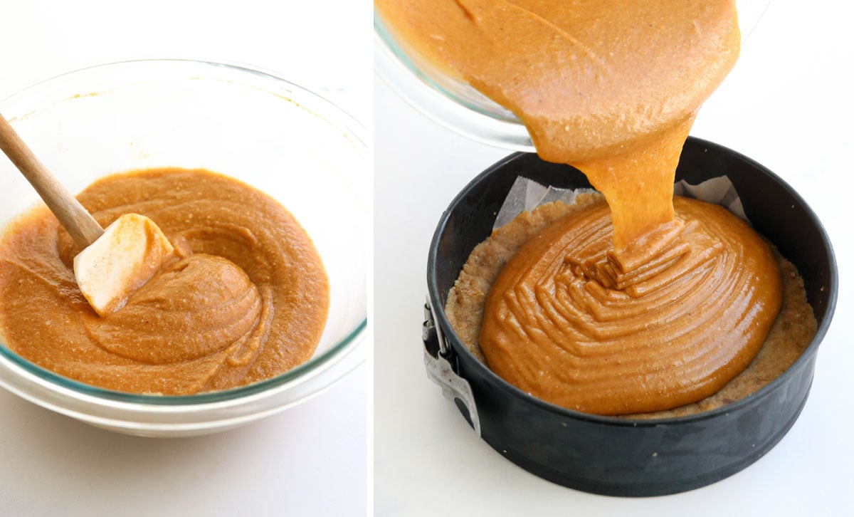 pumpkin cheesecake filling added to pan
