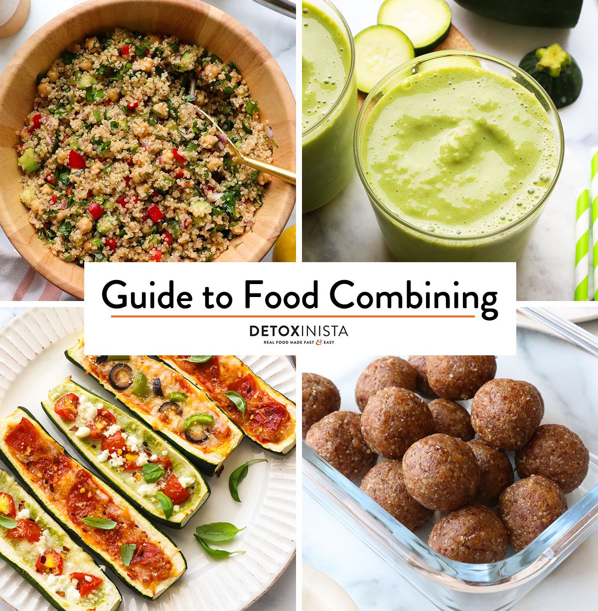 four food photos labeled with a guide to food combining. 