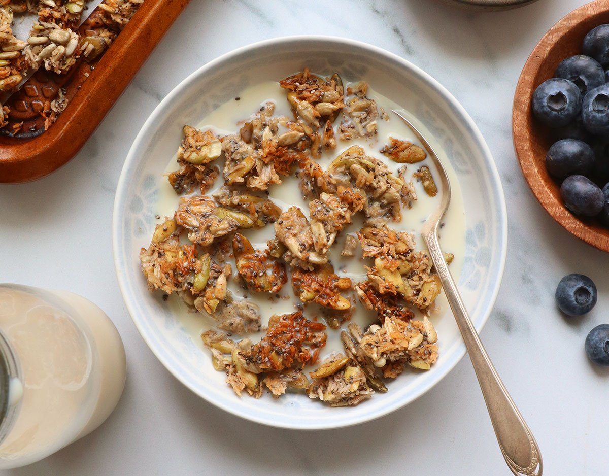 paleo granola served with milk. 