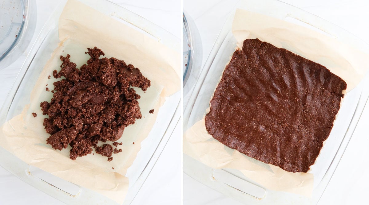 chocolate crust pressed into square pan.