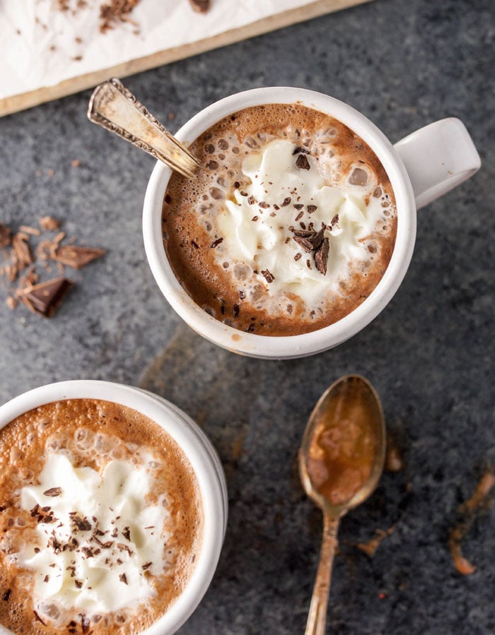 healthy hot chocolate in mug overhead