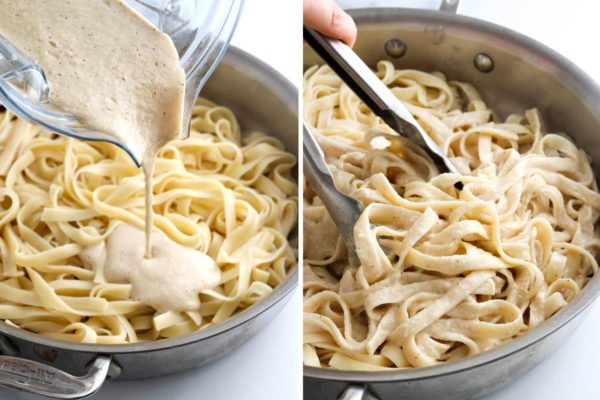 sauce poured over noodles in pan