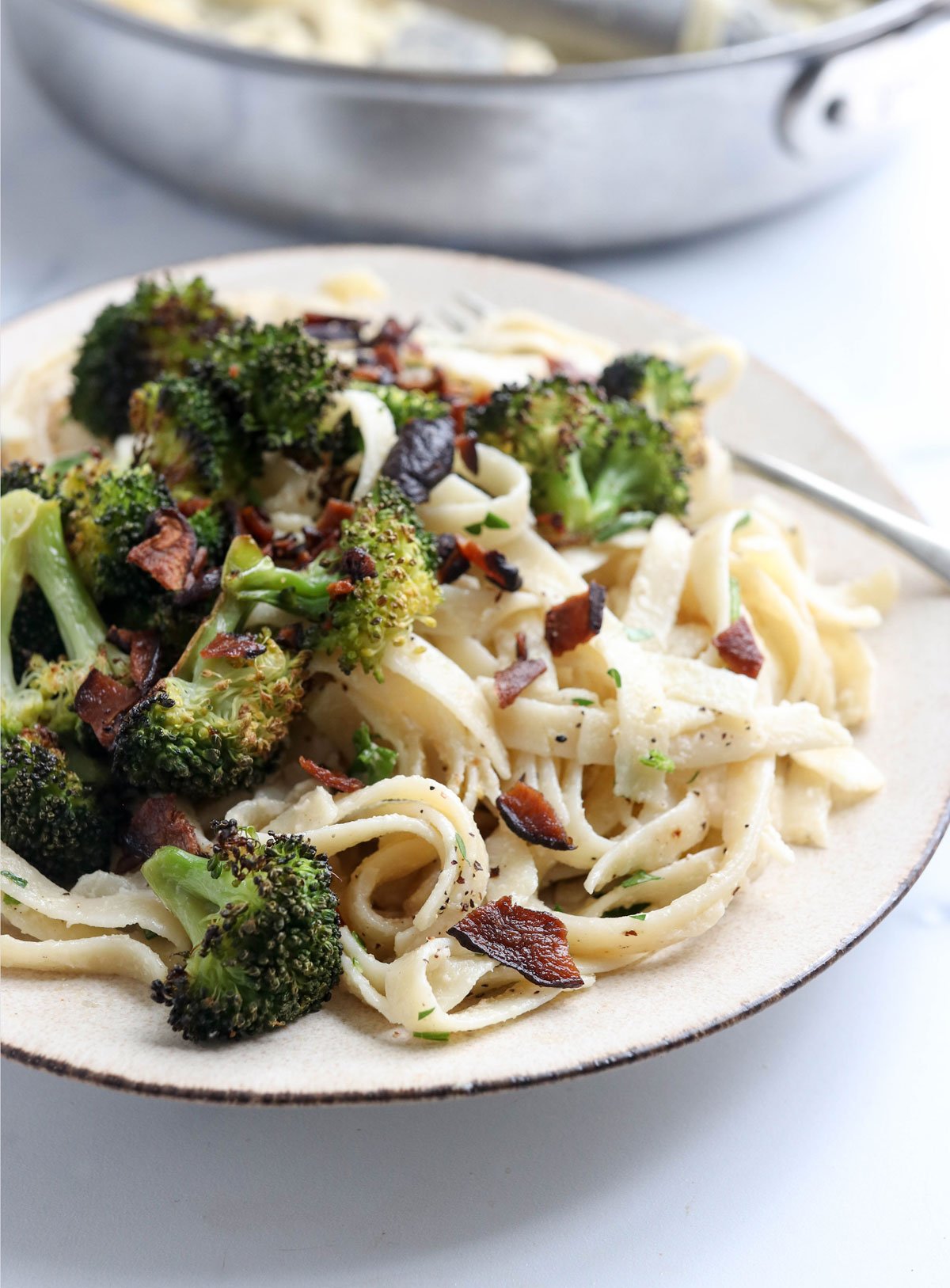 roasted broccoli and mushrooms on pasta