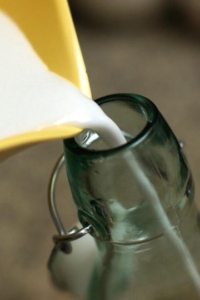 Creamy coconut milk poured into glass bottle