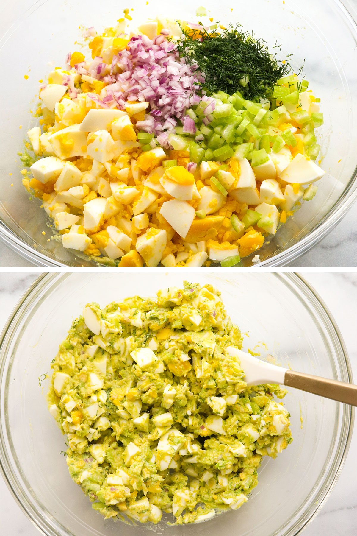 egg salad mixed in a large glass bowl. 