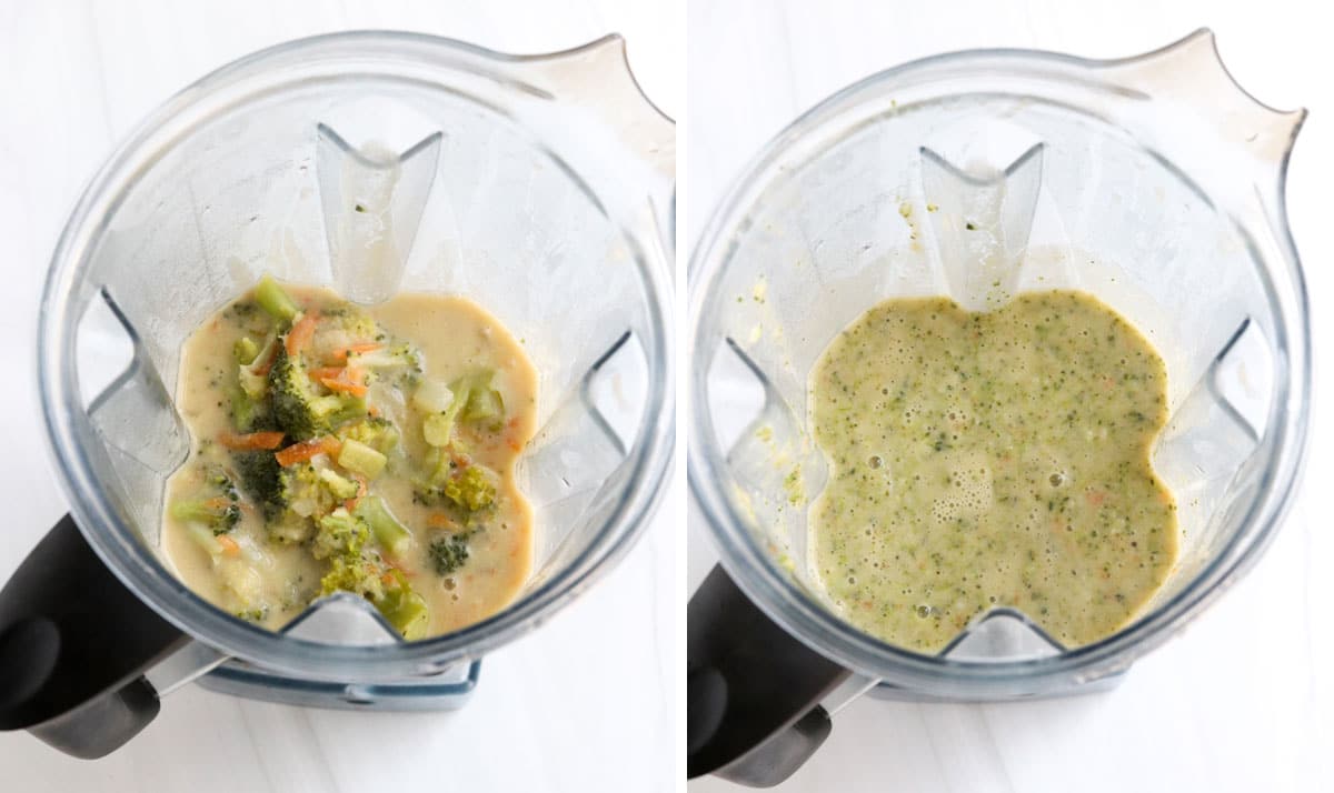 broccoli pieces blended in blender pitcher.