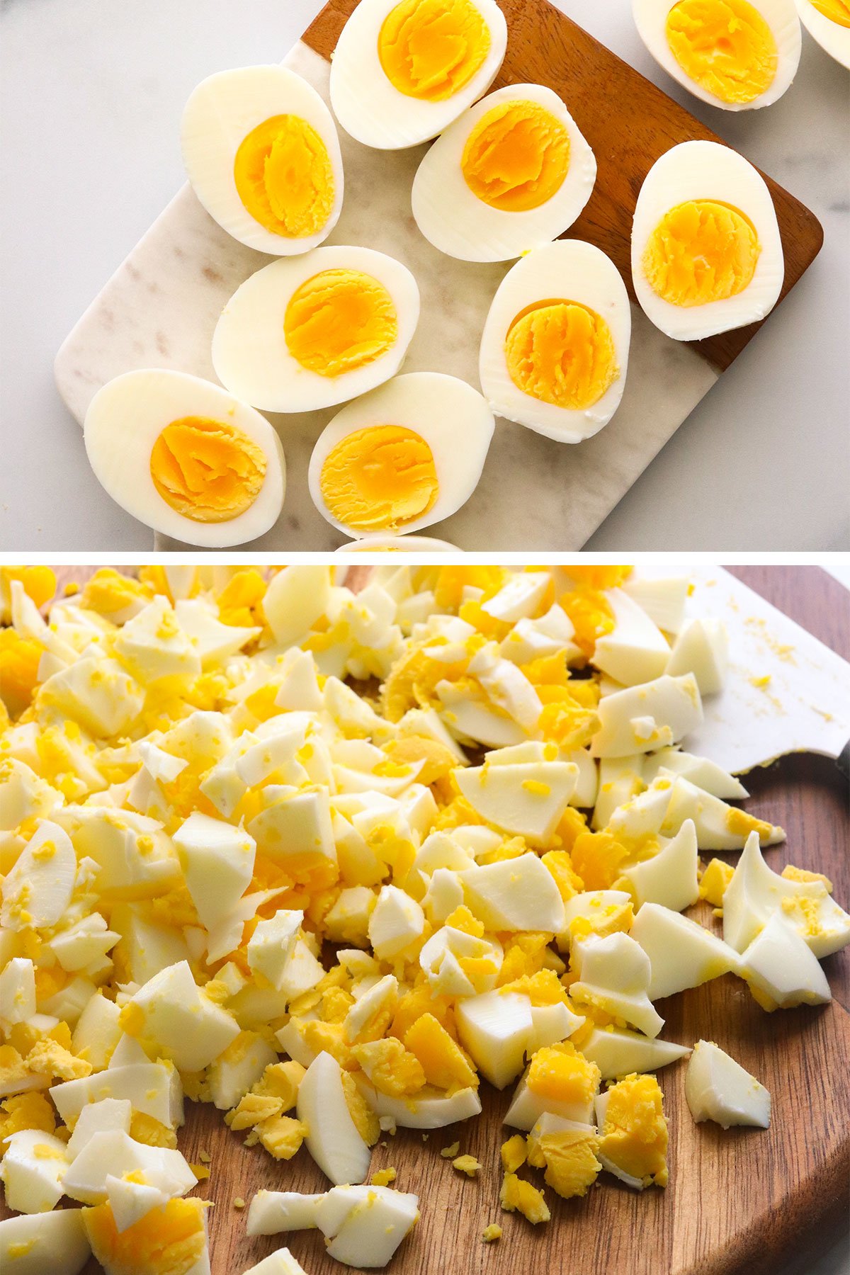 hard boiled eggs sliced in half and then chopped for the salad.