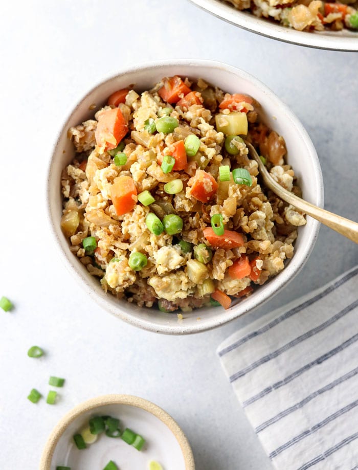 cauliflower fried rice in a bowl