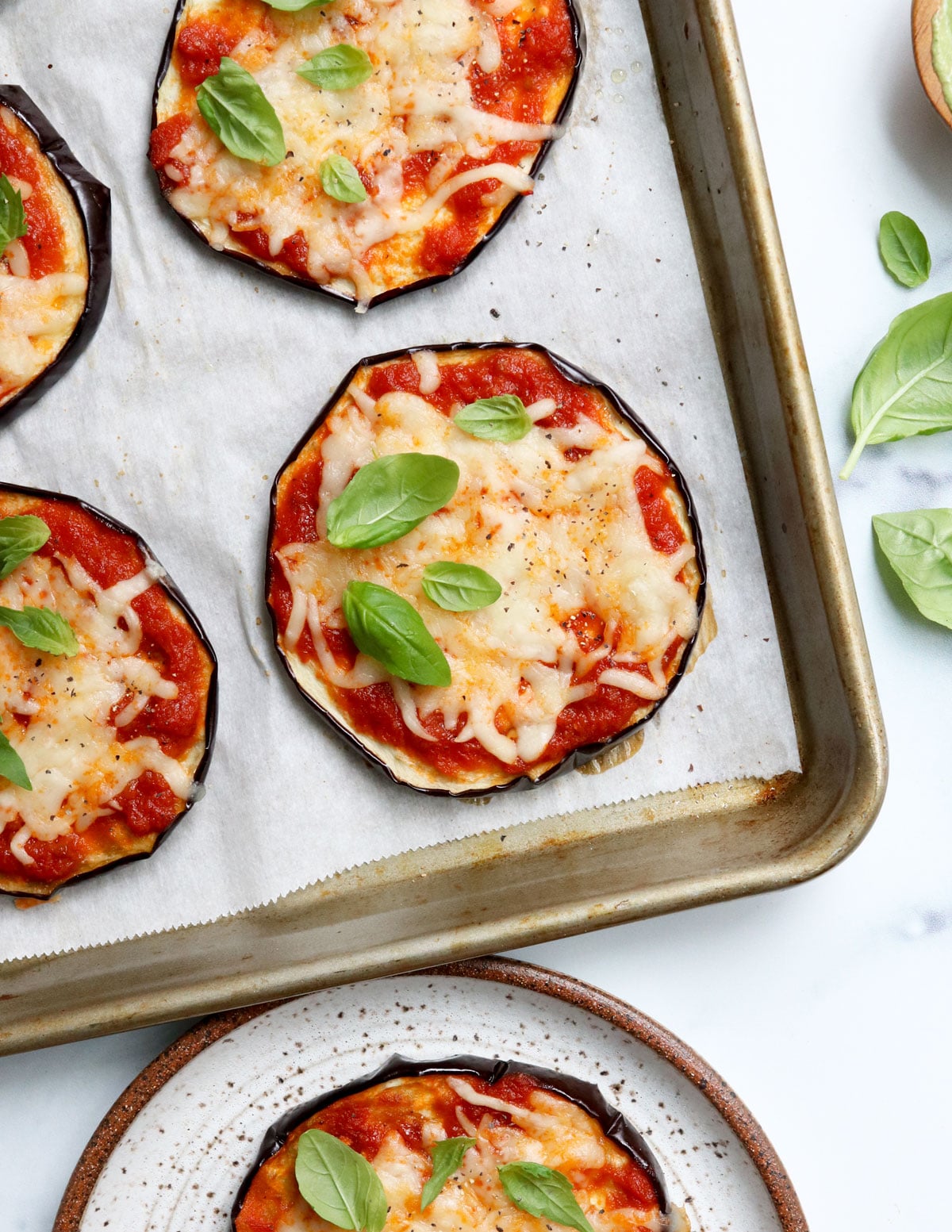 eggplant pizza on sheet pan