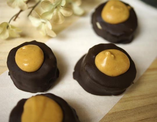peanut butter on top of chocolate covered banana slices