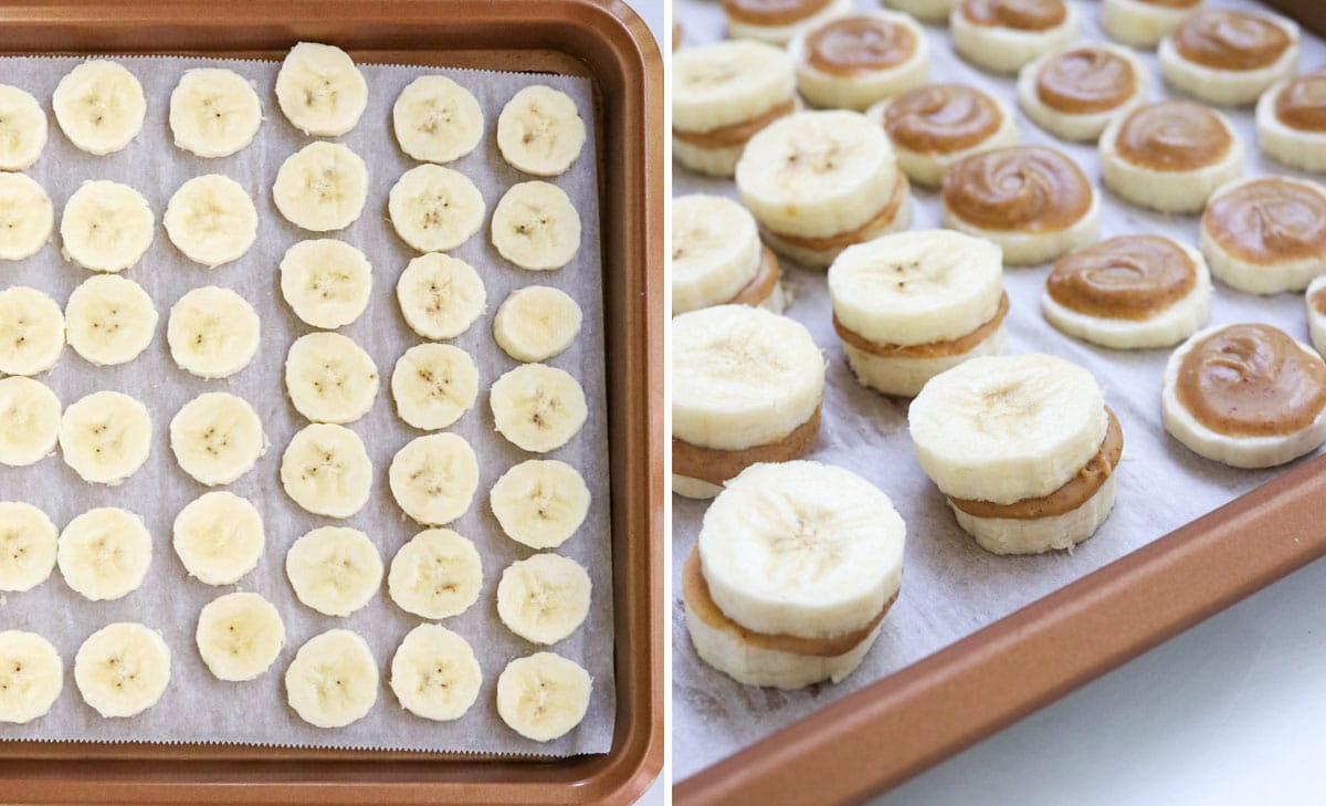 banana slices on pan with peanut butter on top.