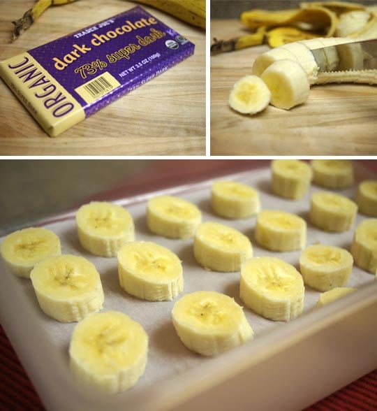 bar of dark chocolate and banana slices layed out on a pan