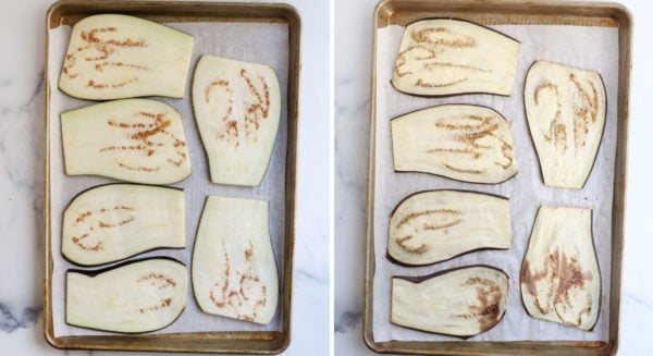sliced eggplant on lined baking sheets