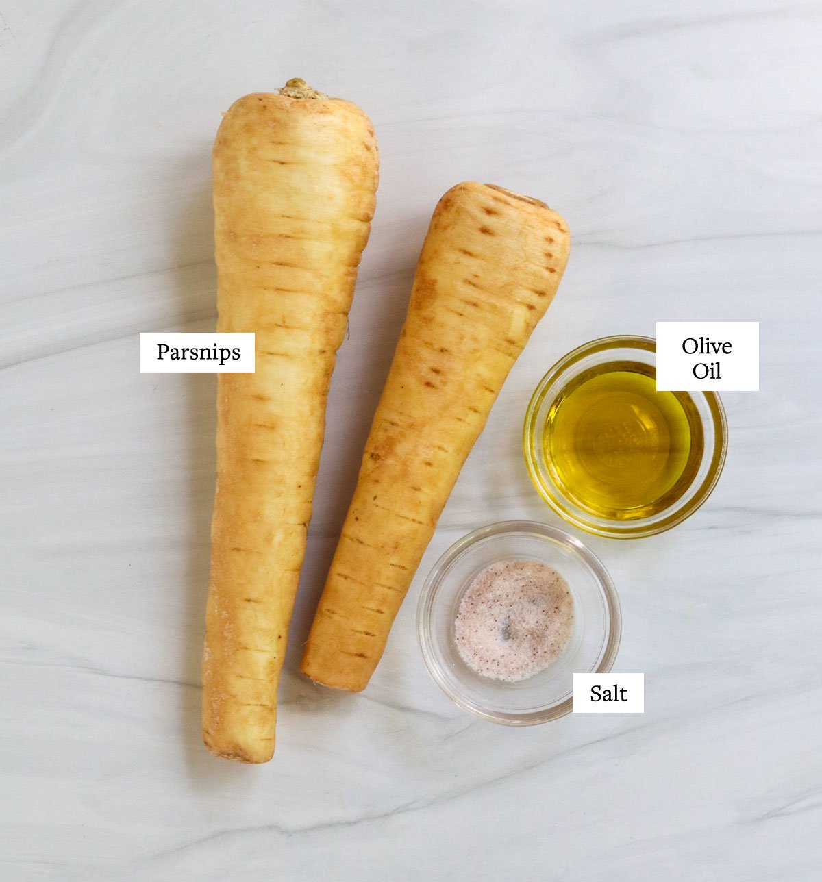 parsnip chip ingredients labeled on white surface.