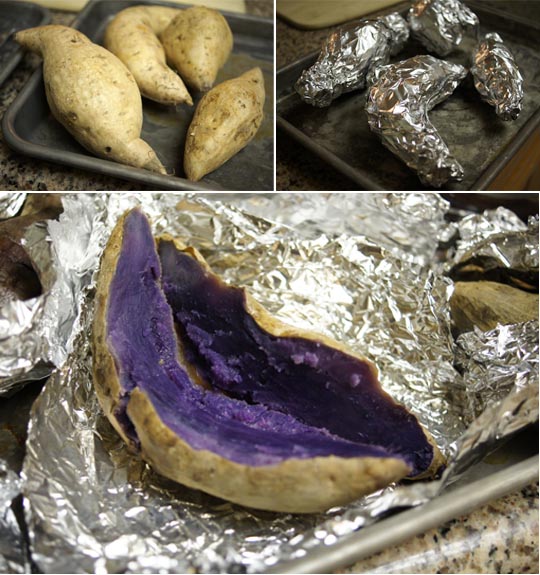 Baking purple yams wrapped in tin foil