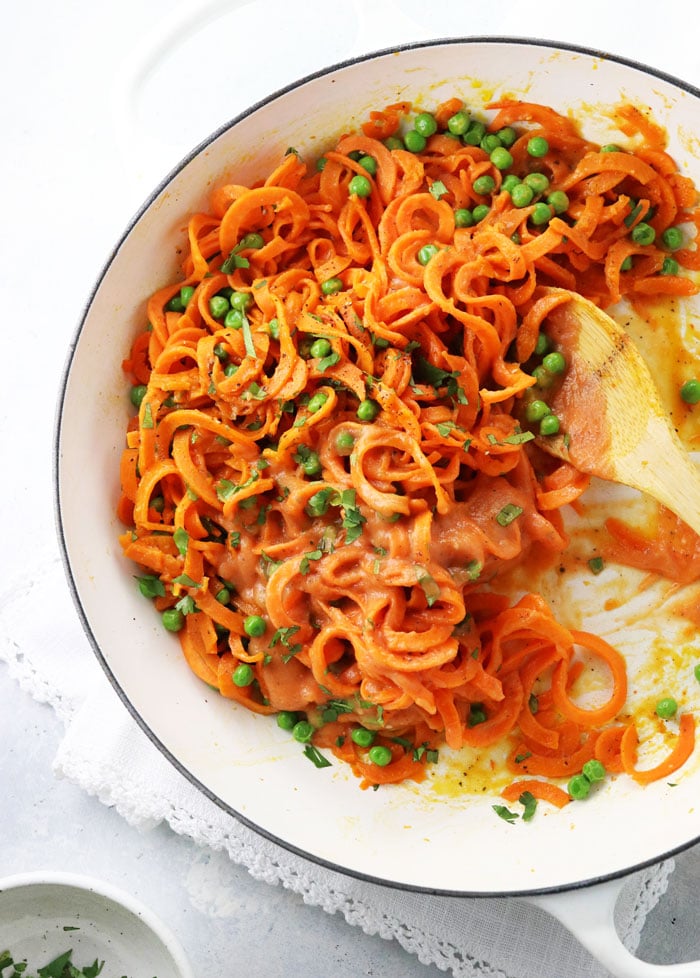 sweet potato noodles with peas and roasted red pepper sauce