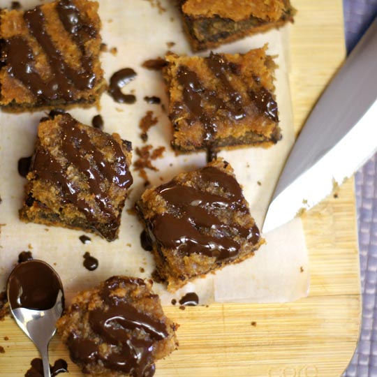 Grain-Free Samoas Bars with chocolate drizzled on top