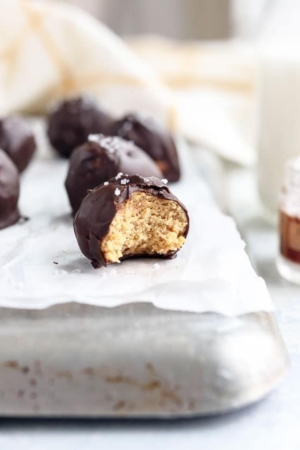 peanut butter chocolate balls with bite out