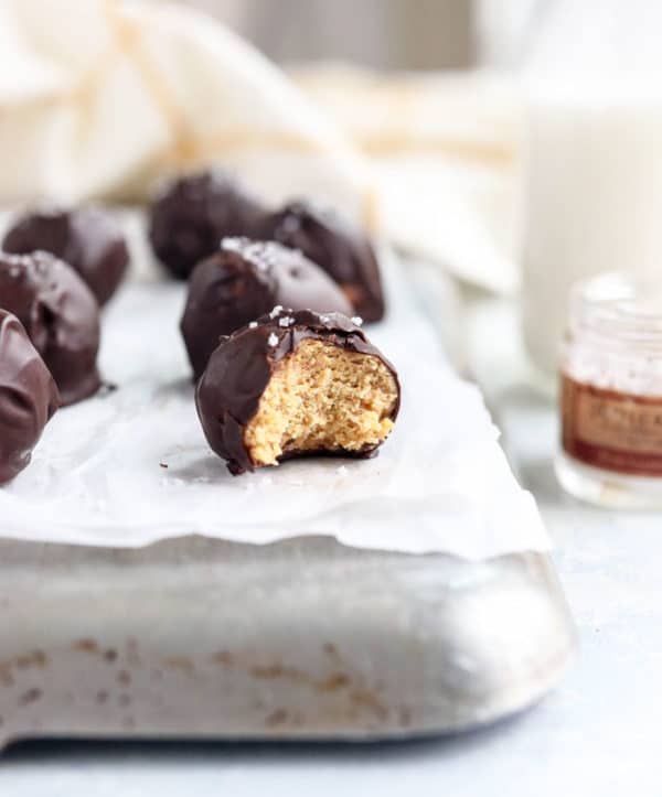 peanut butter chocolate balls with bite out