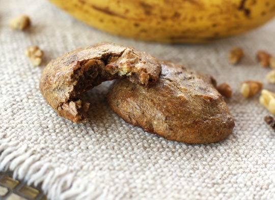 two banana walnut bread cookies with a bite taken out of one
