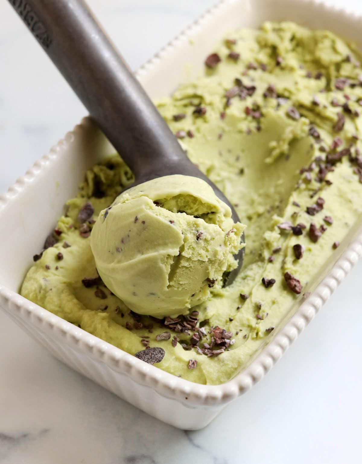 avocado ice cream scooped in pan