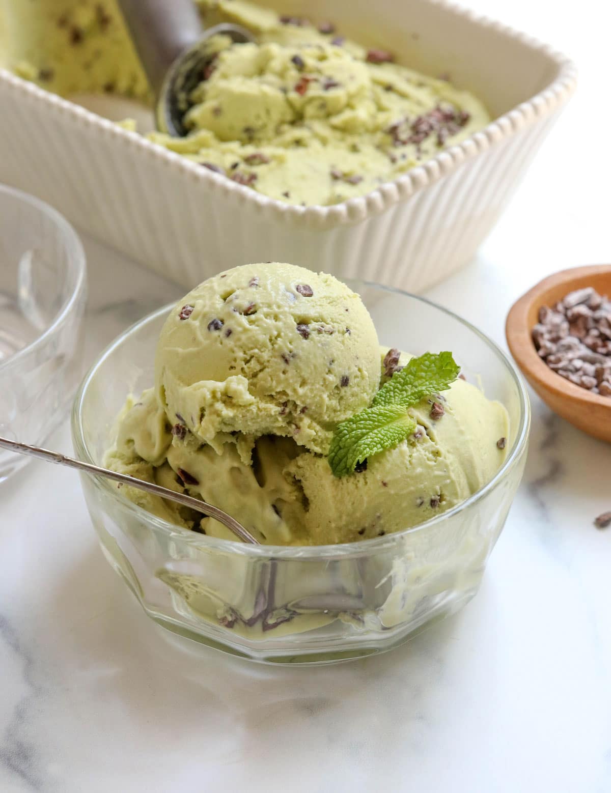 avocado ice cream served with mint leaves