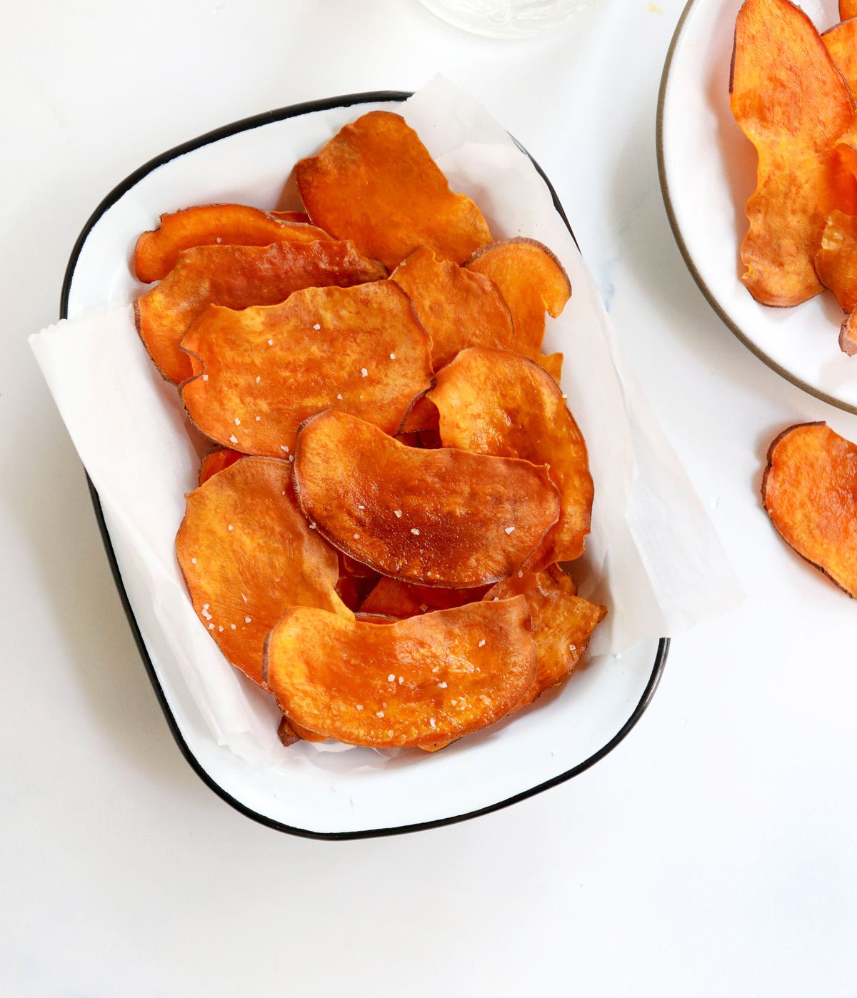 sweet potato chips in white basket