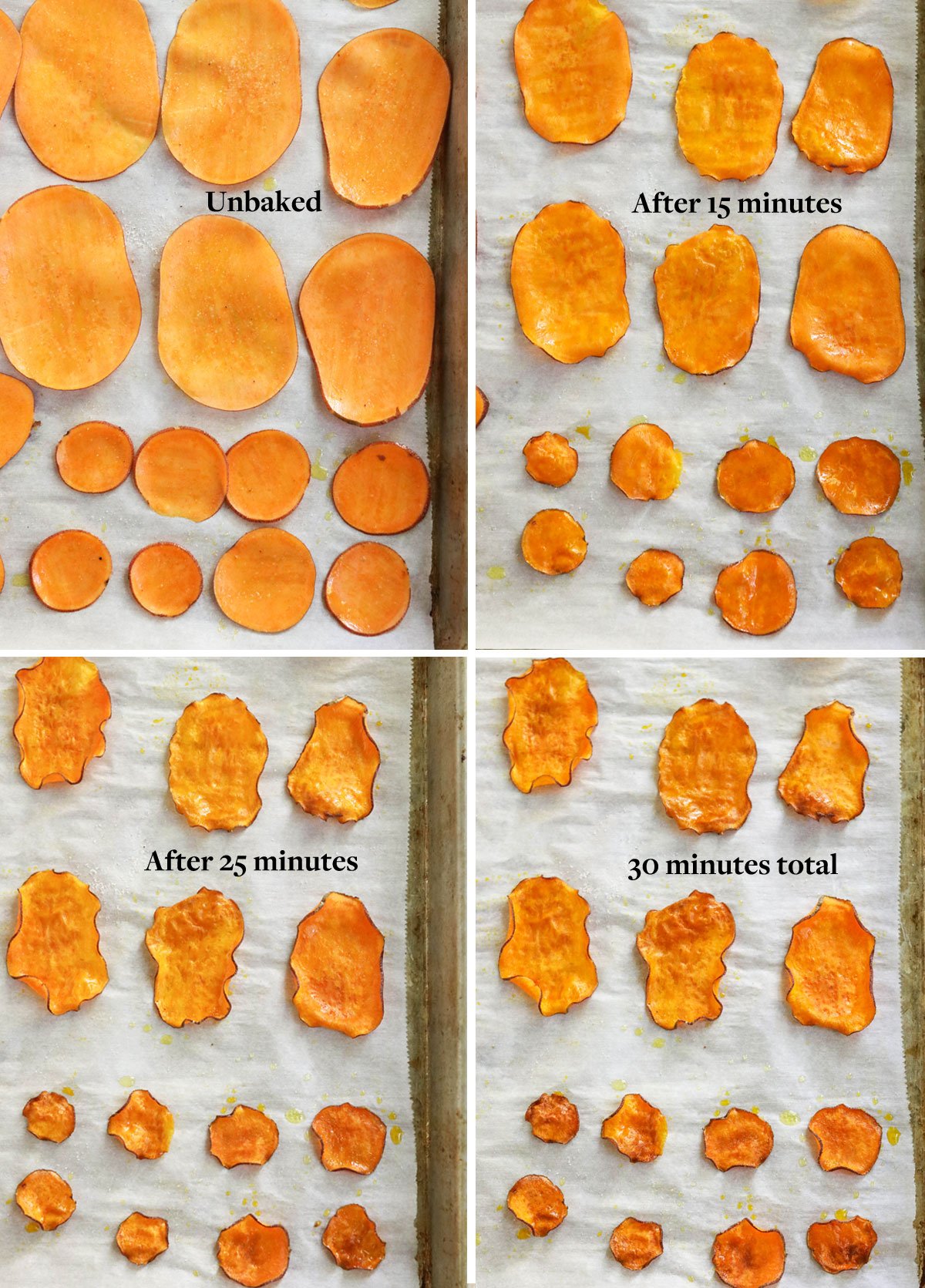 baked sweet potato chips at various stages during cooking