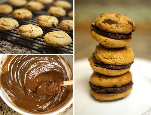 cookies on a cooling rack and a bowl of chocolate frosting