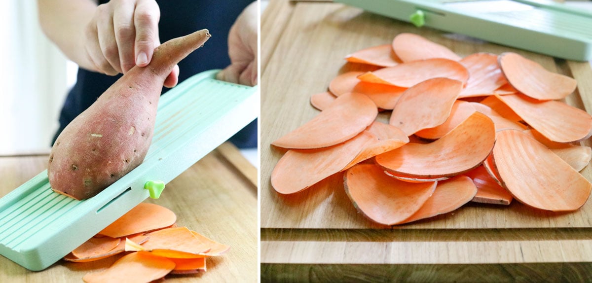 sweet potato sliced on mandoline