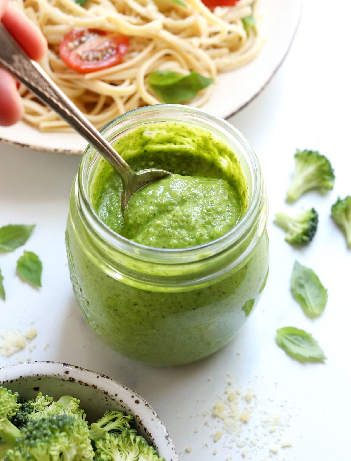 broccoli pesto in jar with spoon