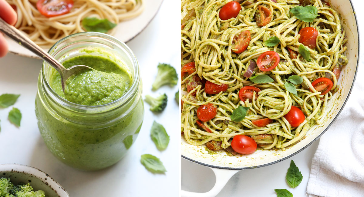 finished broccoli pesto in jar and served over pasta