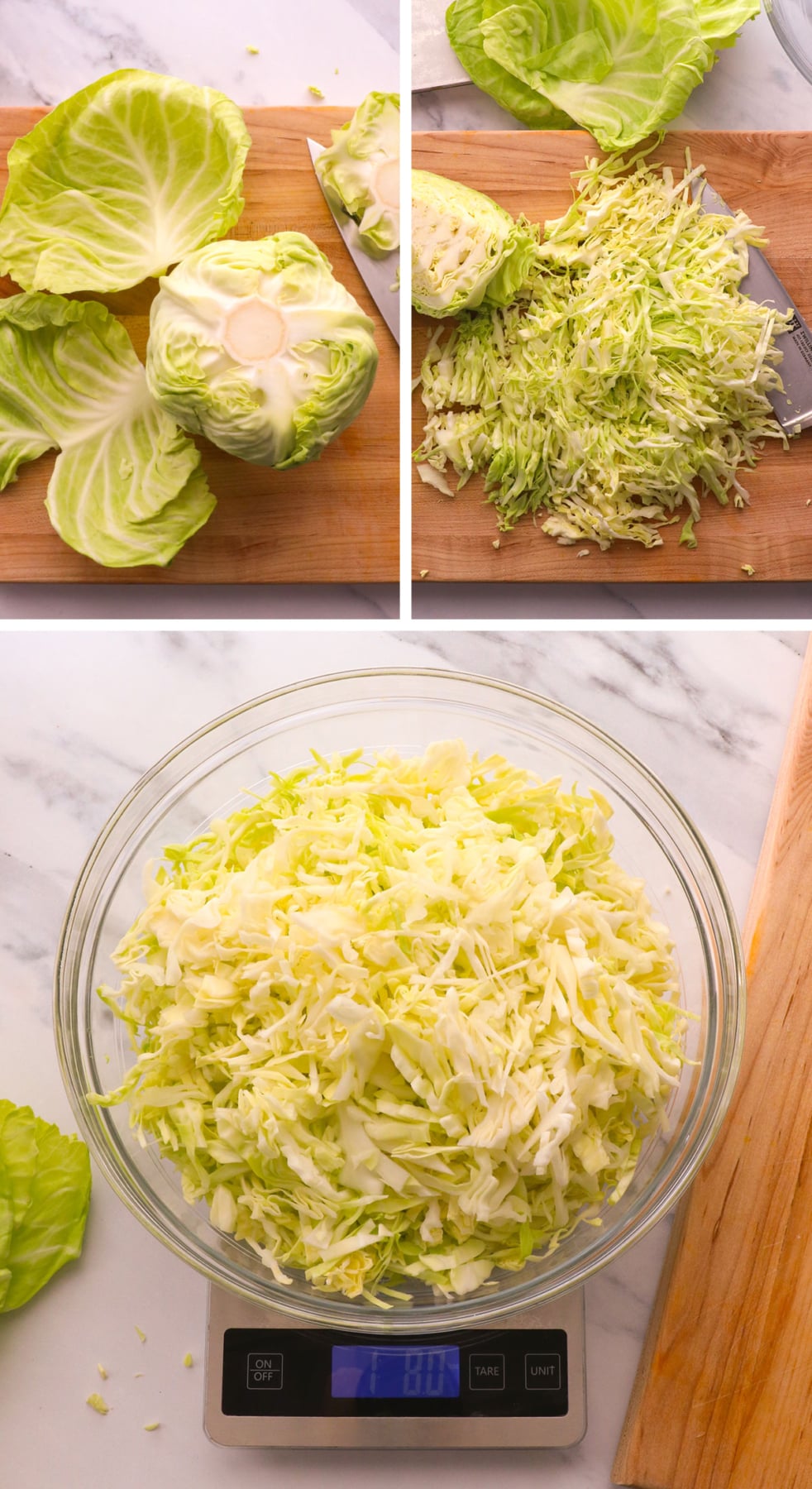 cabbage leaves removed and shredded
