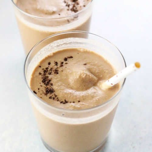 chocolate peanut butter smoothie in glass