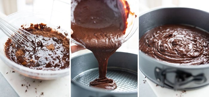 flourless chocolate cake batter in a pan