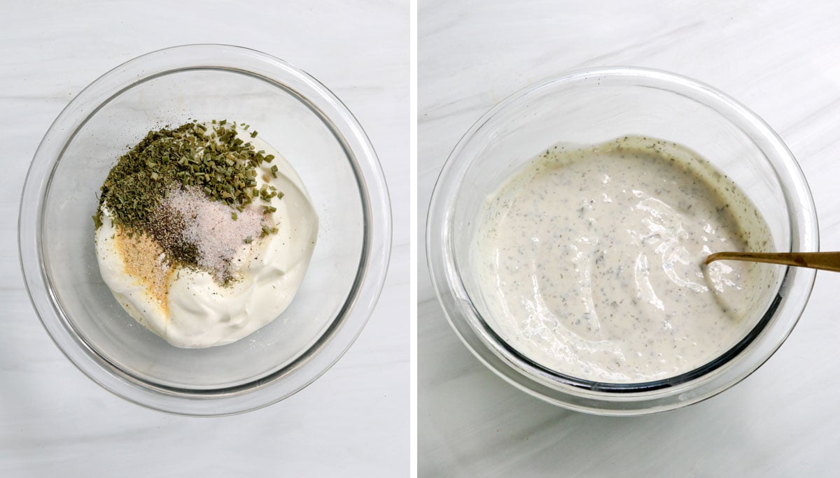yogurt dressing ingredients mixed in bowl.