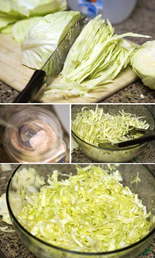 cutting cabbage leaves on a cutting board with a knife