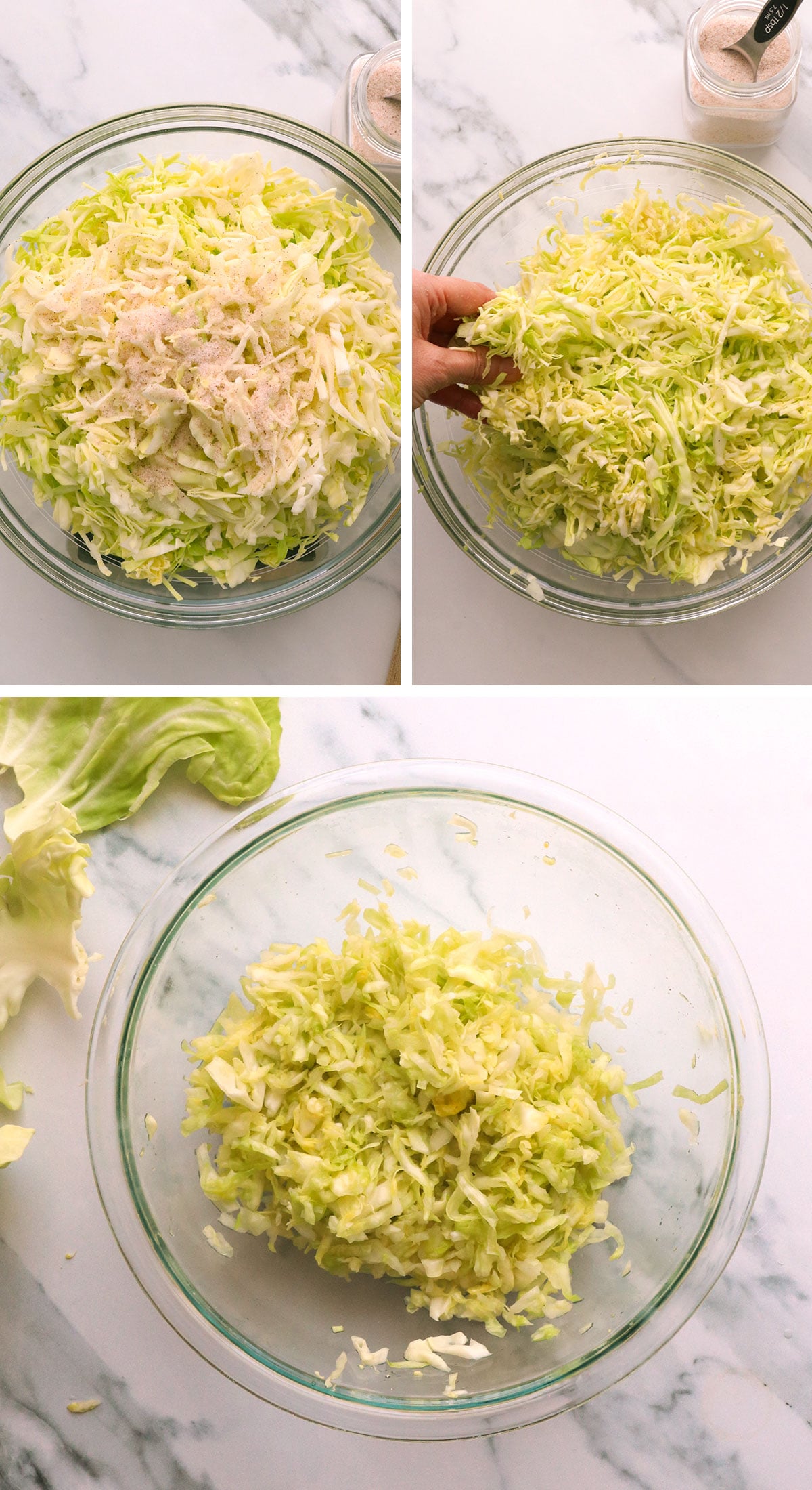salting and rubbing the cabbage until it wilts in the bowl.