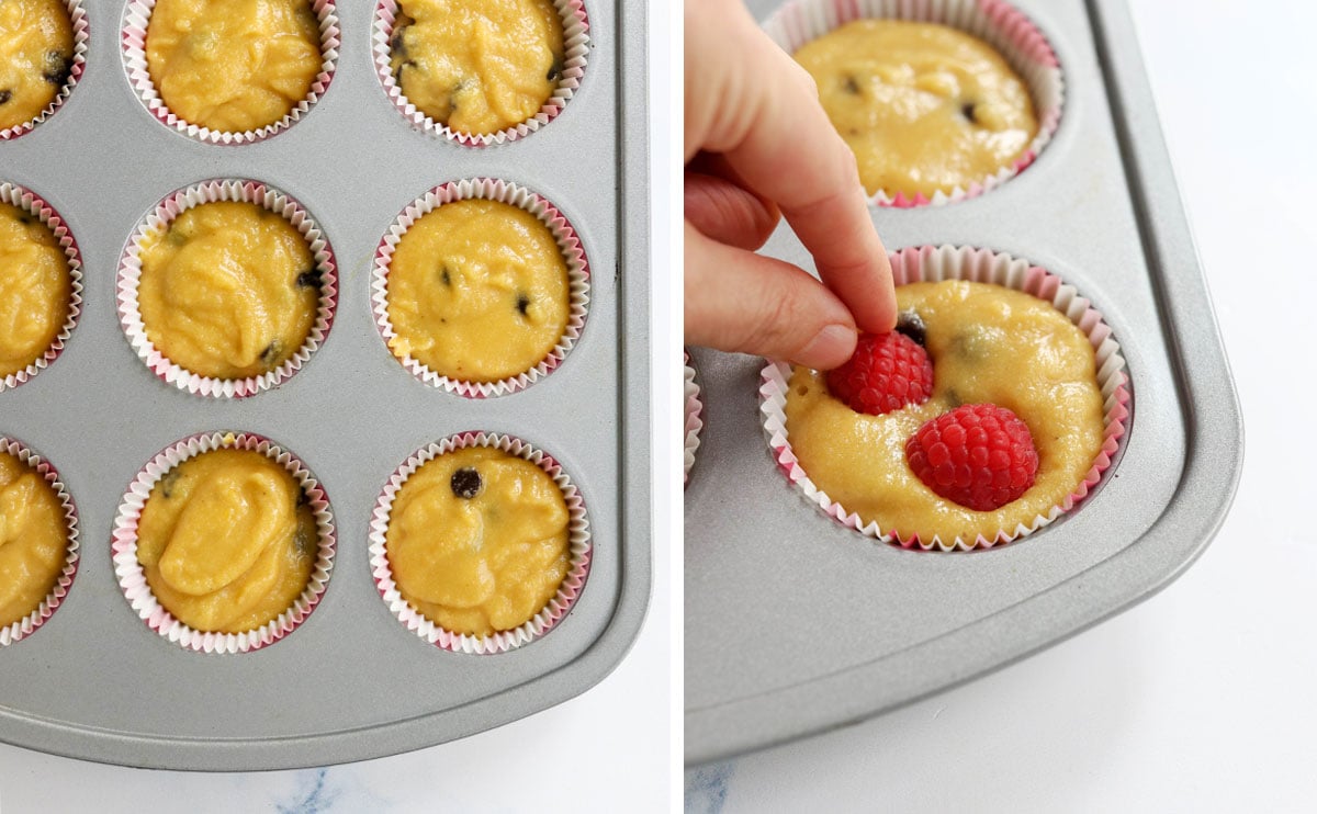 pushing raspberries into the muffin pan